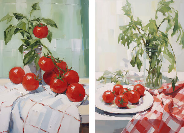 Painting of tomatoes on a table Painting of tomatoes on a table