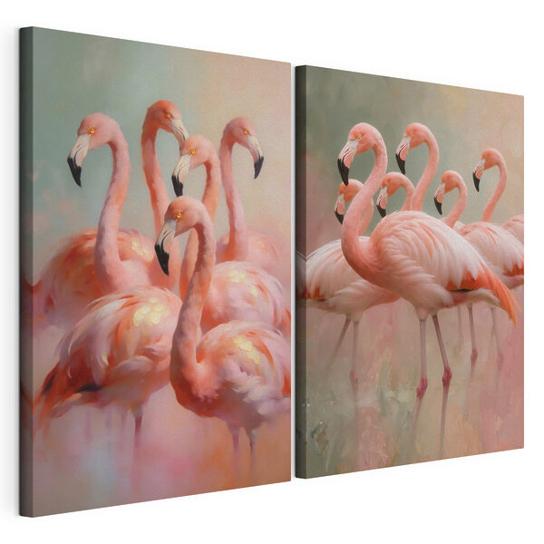 Eine Gruppe von Flamingos, die beieinander stehen Modularer Leinwanddruck Eine Gruppe von Flamingos, die beieinander stehen