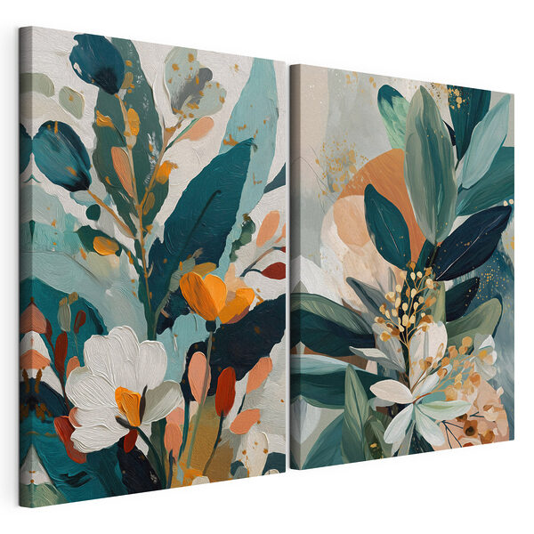 Gemälde mit Blumen und Blättern Modularer Leinwanddruck Gemälde mit Blumen und Blättern