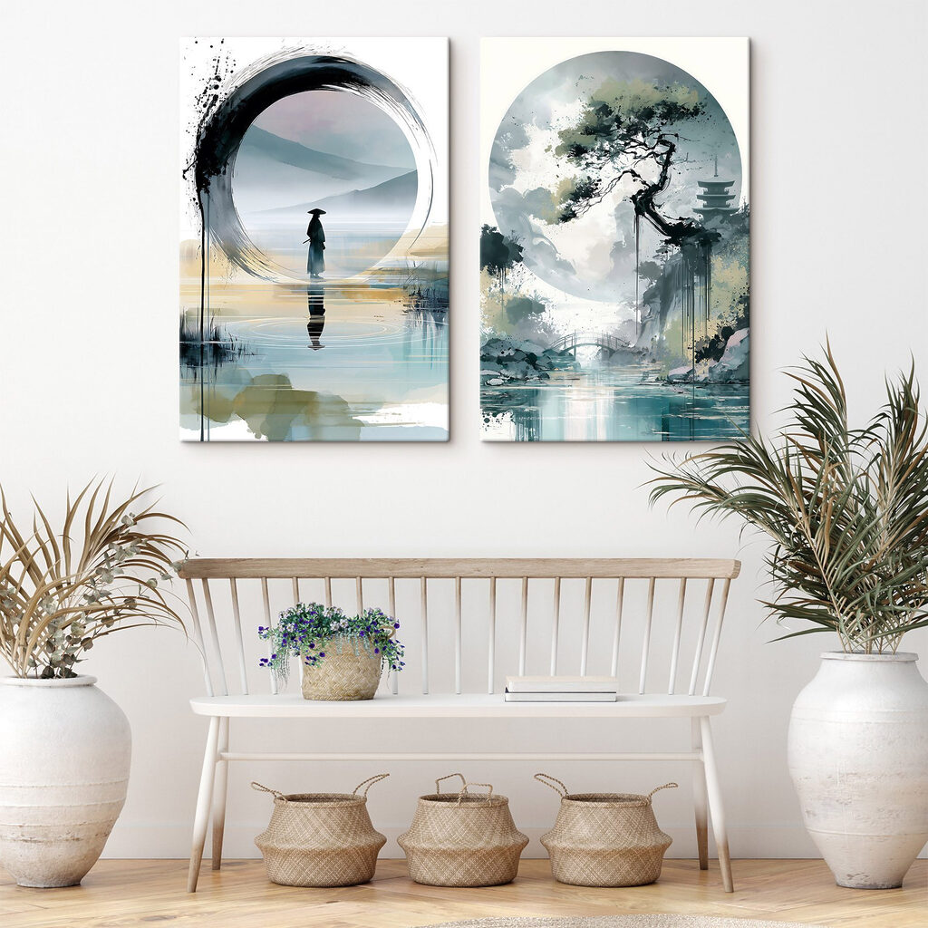 Painting of a man standing in water and a tree Painting of a man standing in water and a tree