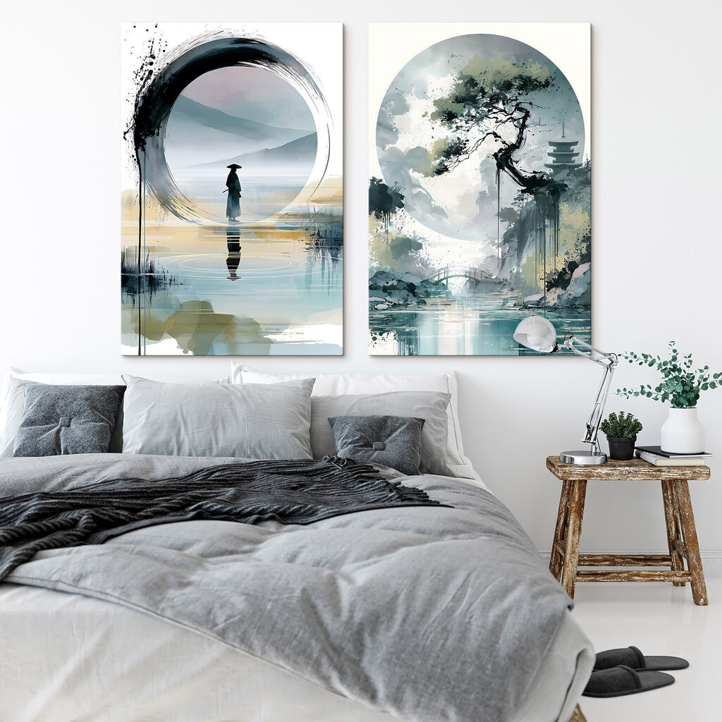 Painting of a man standing in water and a tree Painting of a man standing in water and a tree