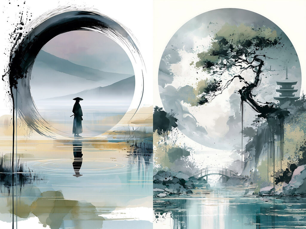 Painting of a man standing in water and a tree Painting of a man standing in water and a tree