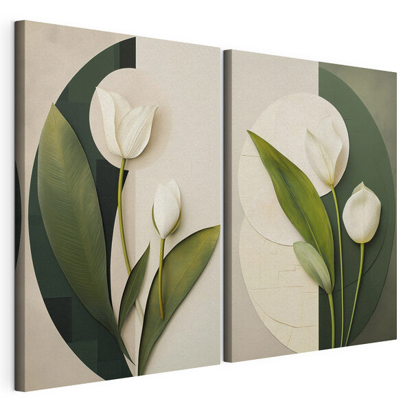 Collage aus weißen Blüten und grünen Blättern Modularer Leinwanddruck Collage aus weißen Blüten und grünen Blättern