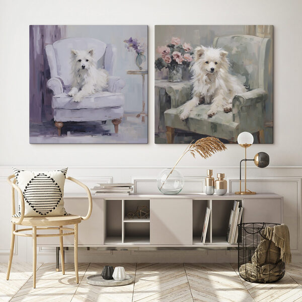 Painting of a dog sitting on a chair Painting of a dog sitting on a chair