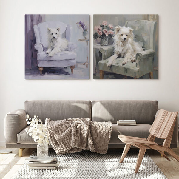 Painting of a dog sitting on a chair Painting of a dog sitting on a chair
