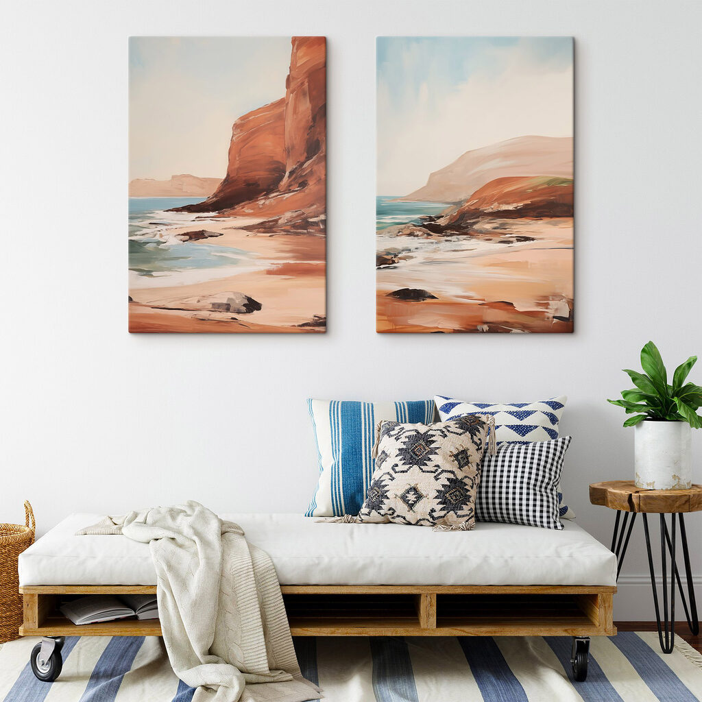 Painting of a beach and a rocky cliff Painting of a beach and a rocky cliff