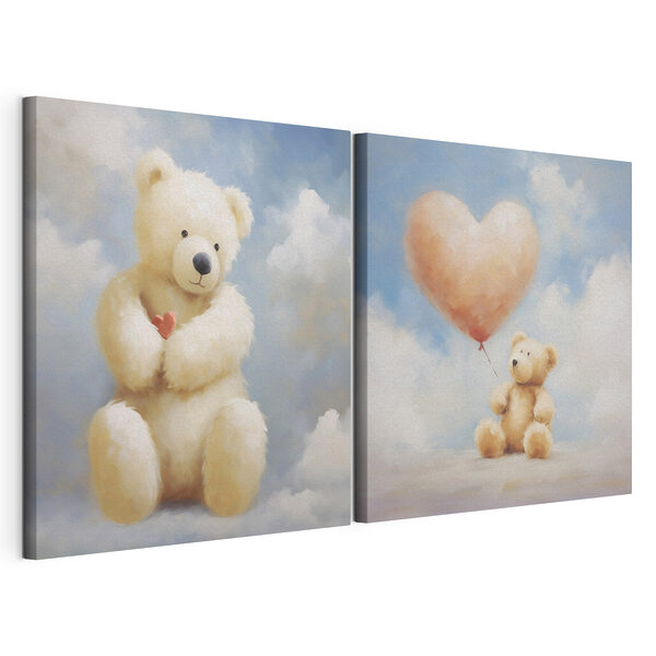 Modularer Leinwanddruck Zwei Bilder von einem Teddybären, der einen Luftballon hält
