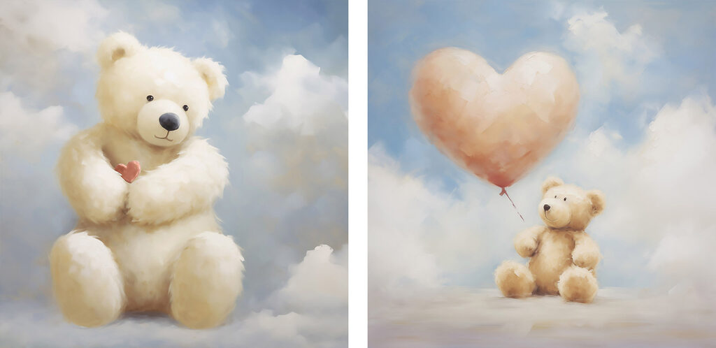 Two pictures of a teddy bear holding a balloon Two pictures of a teddy bear holding a balloon