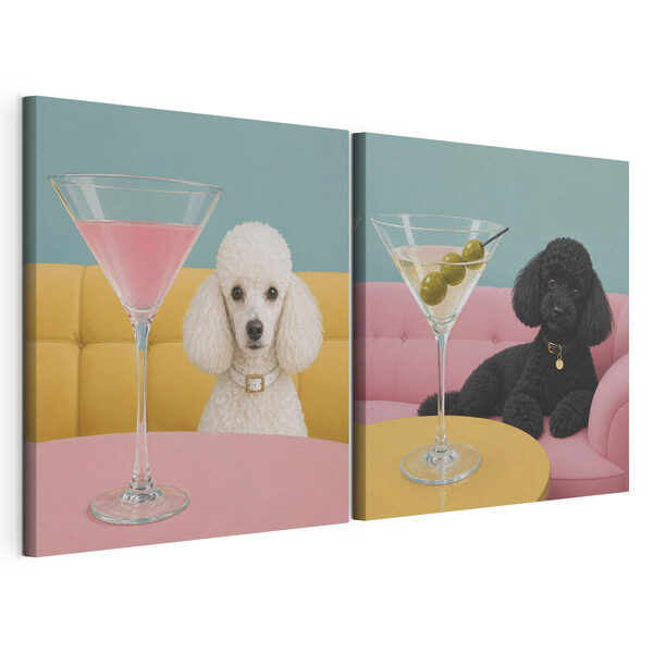 Hund, der mit einem Martini-Glas am Tisch sitzt Modularer Leinwanddruck Hund, der mit einem Martini-Glas am Tisch sitzt