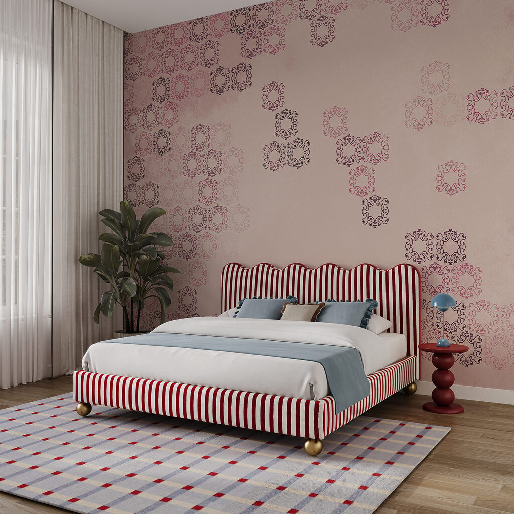Rosa Hintergrund mit vielen kleinen schwarzen und roten Formen