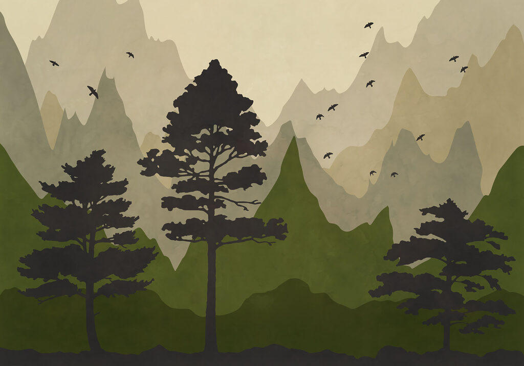 Painting of trees and mountains