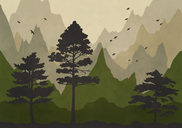 Painting of trees and mountains