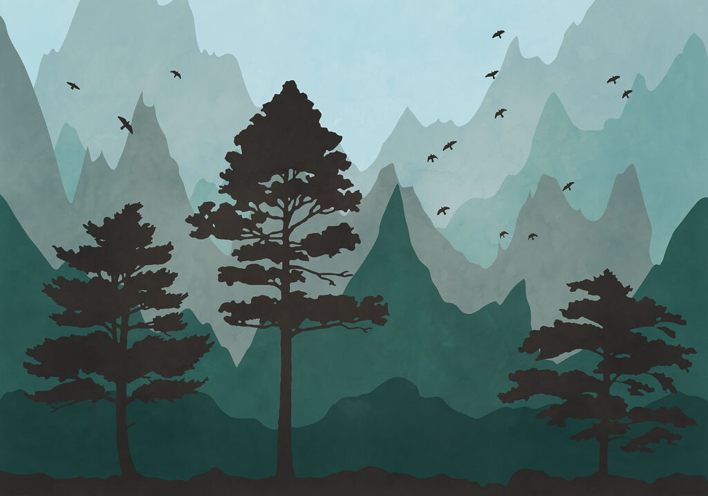 Painting of a forest with mountains and birds
