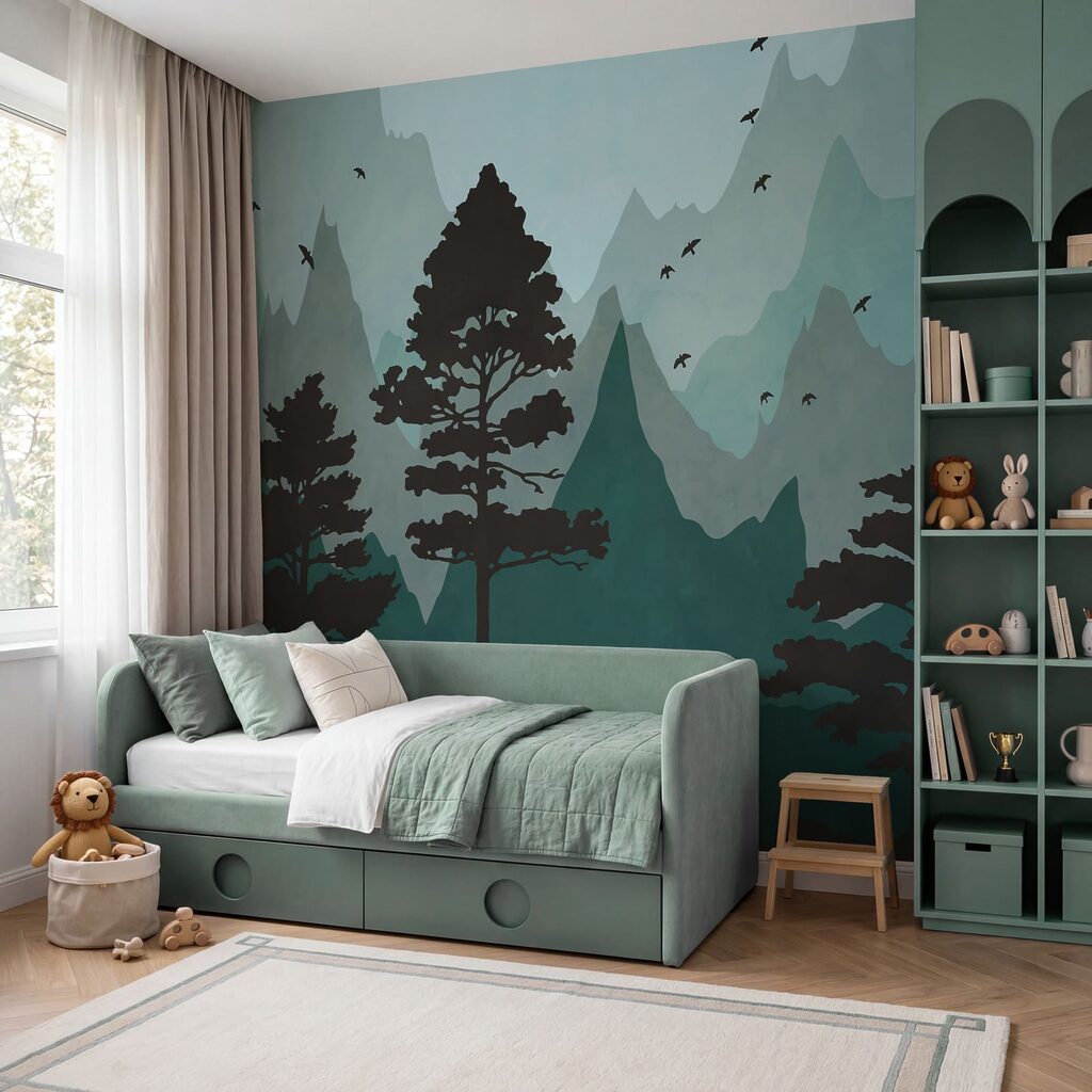Gemälde eines Waldes mit Bergen und Vögeln