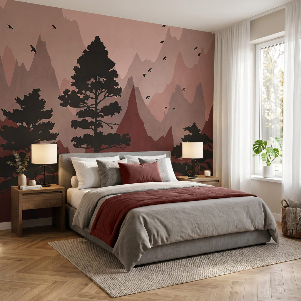Gemälde mit Bergen und Bäumen