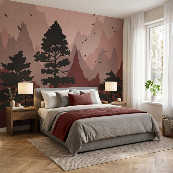 Gemälde mit Bergen und Bäumen