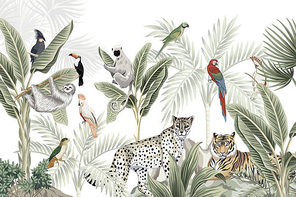 Tropical jungle creatures gather together Tropical jungle creatures gather together