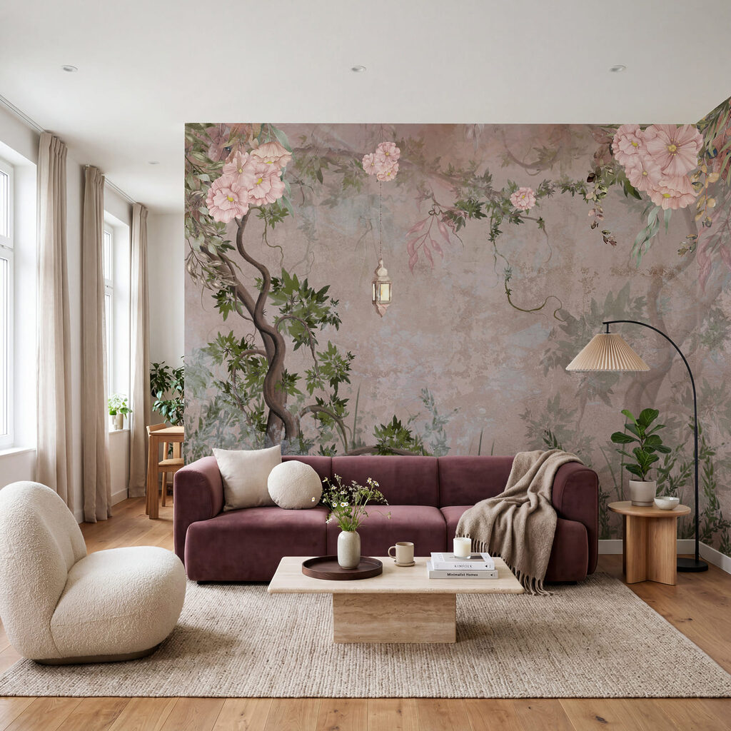 Gemälde eines Baumes mit Blumen und einer Laterne