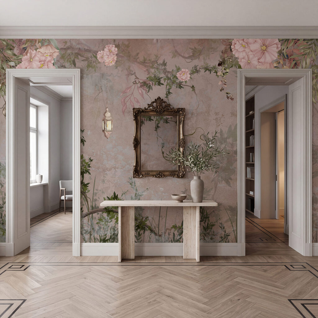 Gemälde eines Baumes mit Blumen und einer Laterne