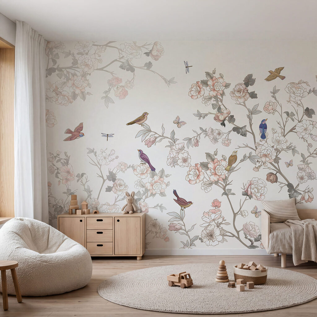 Blumenszene mit bunten Vögeln Blumenszene mit bunten Vögeln