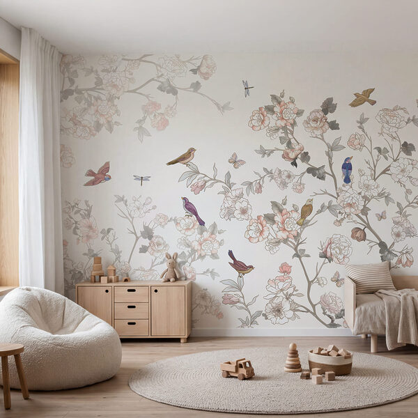 Blumenszene mit bunten Vögeln Blumenszene mit bunten Vögeln