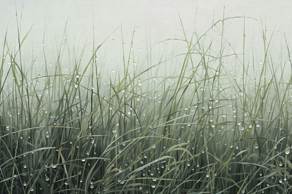 Water droplets on grass in the mist