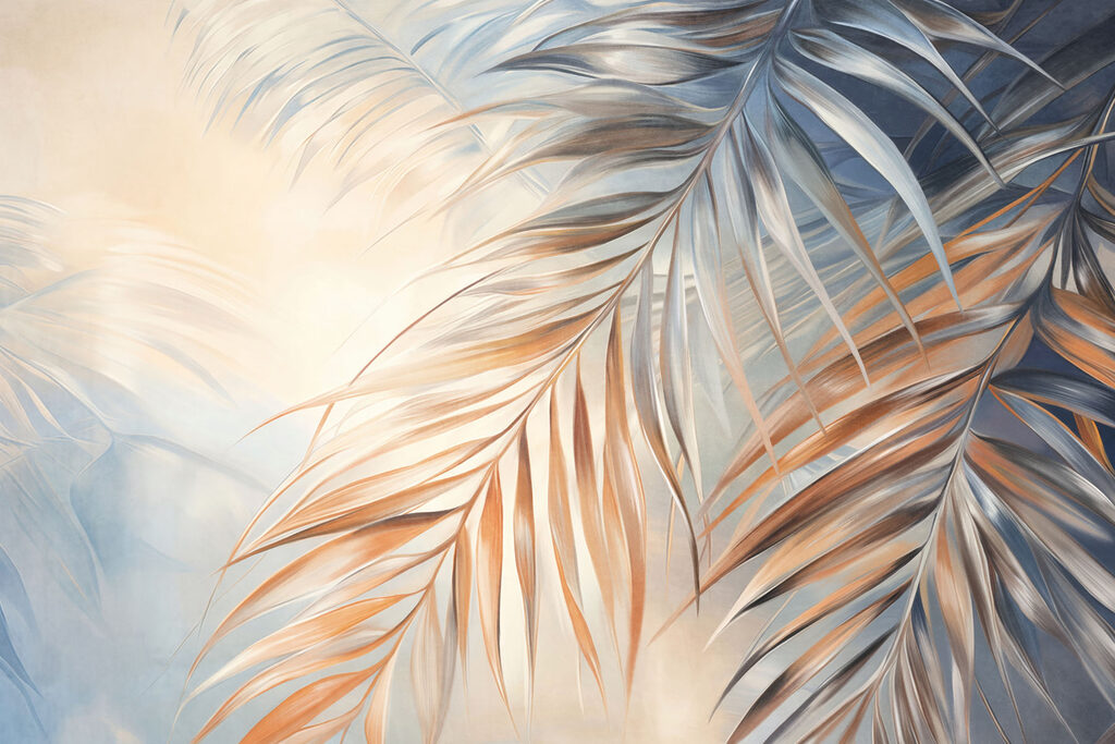 Soft colors dance through palm leaves
