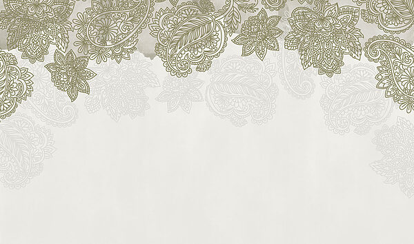 White background with a pattern of leaves and flowers