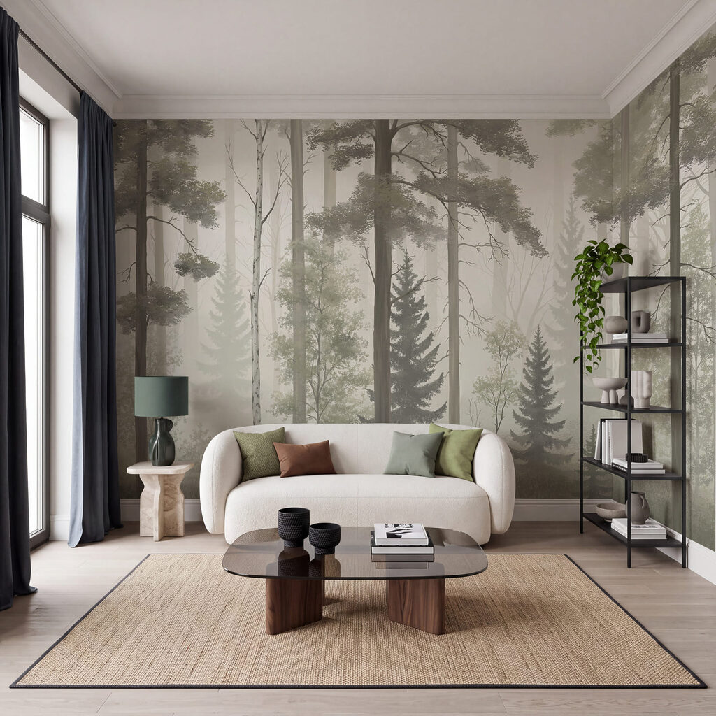 Nebelverhüllter Wald mit Bäumen Nebelverhüllter Wald mit Bäumen