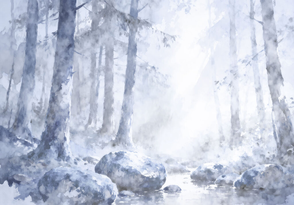 Watercolor painting of a river with trees and rocks