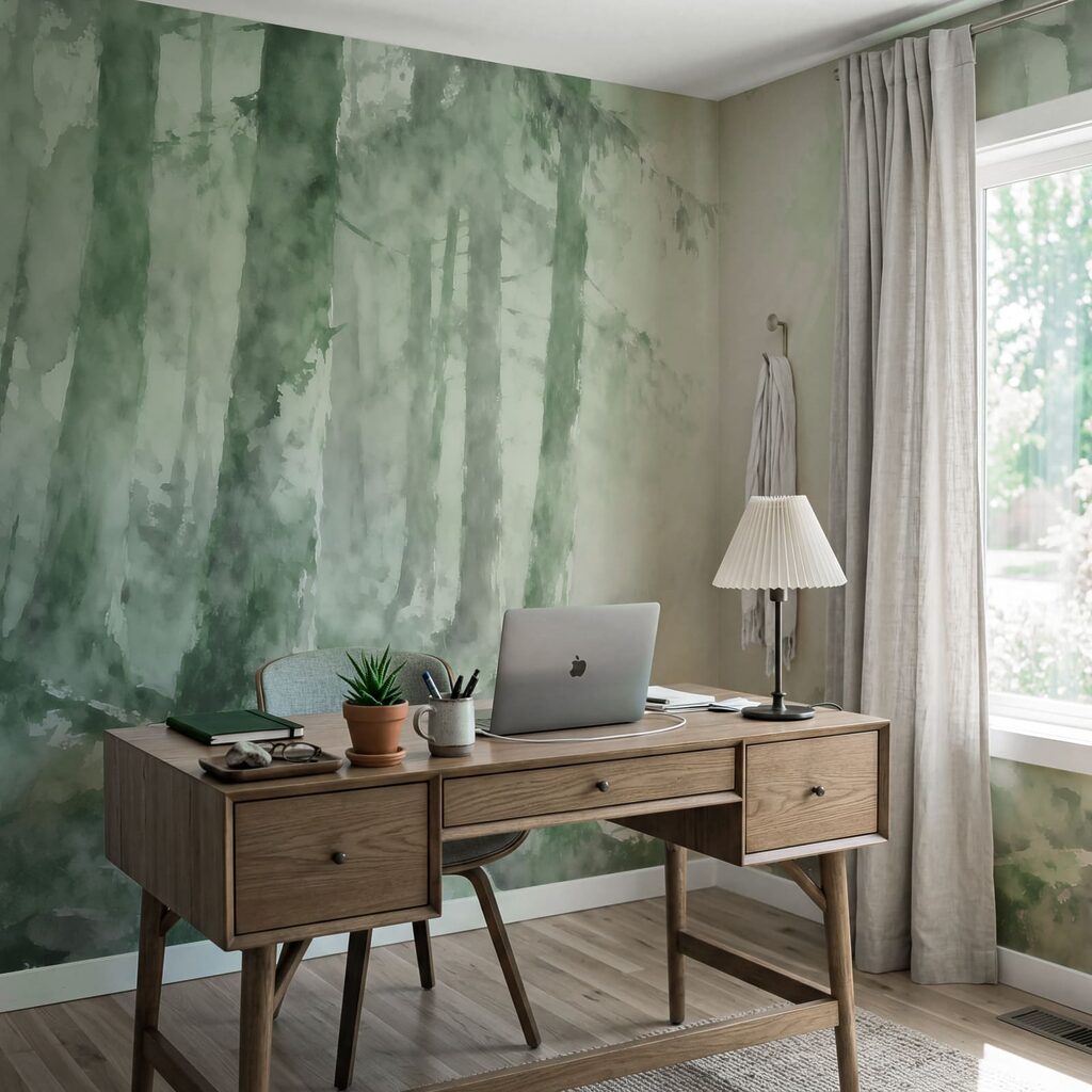 Aquarellbild eines Waldes mit Felsen und Bäumen Aquarellbild eines Waldes mit Felsen und Bäumen