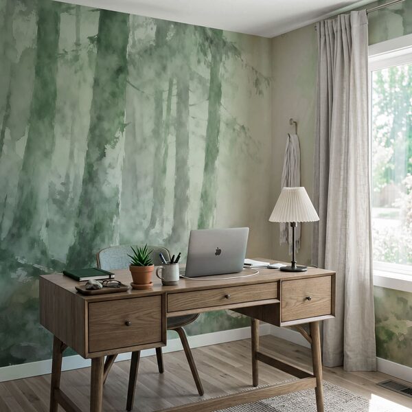 Aquarellbild eines Waldes mit Felsen und Bäumen Aquarellbild eines Waldes mit Felsen und Bäumen