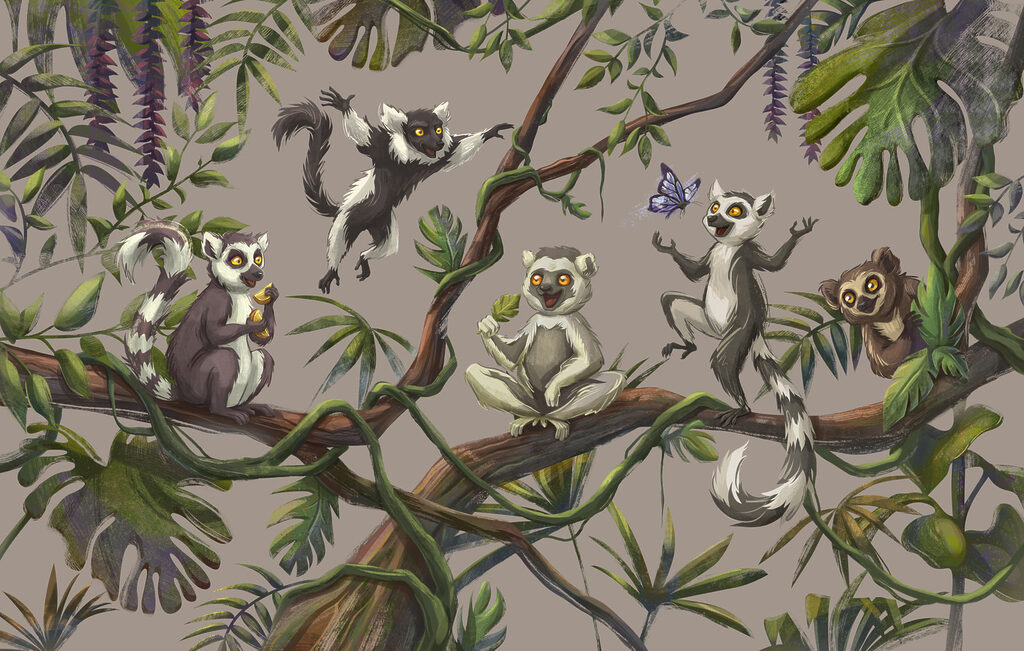 Group of lemurs on a tree branch Group of lemurs on a tree branch