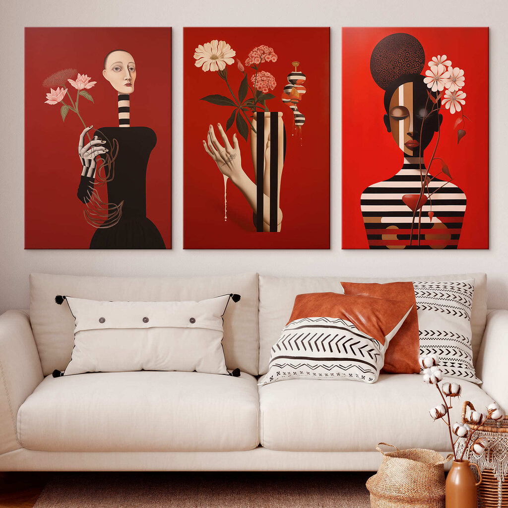 Group of paintings on red