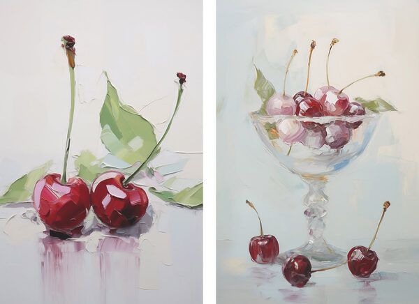 Painting of cherries in a glass Painting of cherries in a glass