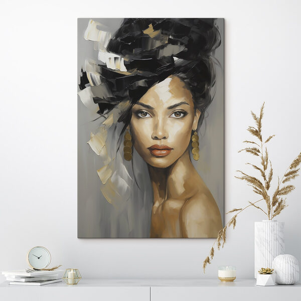 Painting of a woman with a large black and white hair