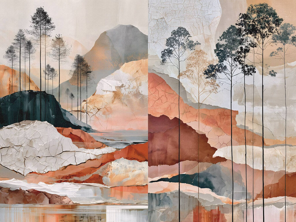 Painting of a landscape with trees and water