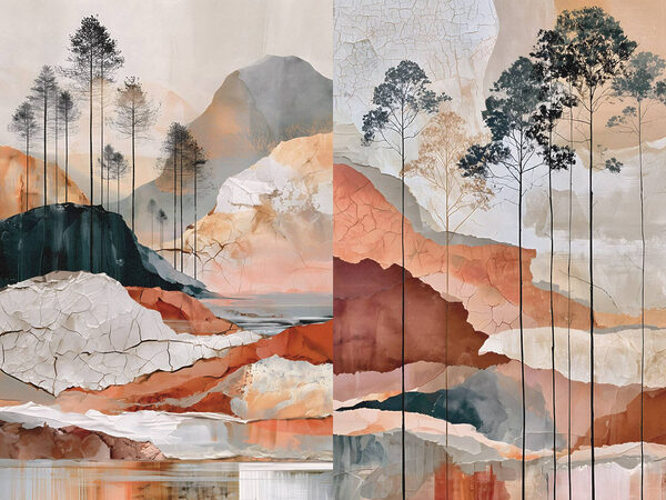 Painting of a landscape with trees and water