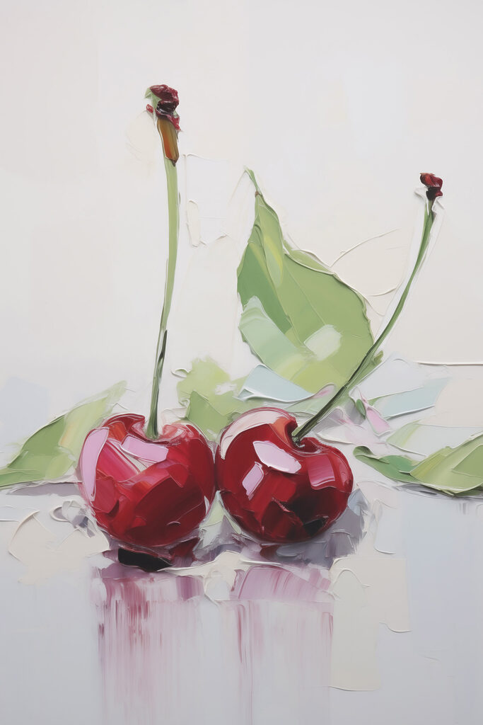 Painting of cherries with leaves Painting of cherries with leaves