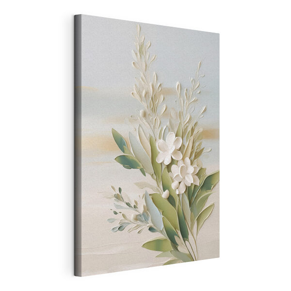 White flowers and leaves on a white surface White flowers and leaves on a white surface