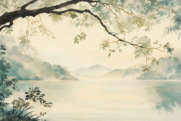 Watercolor painting of a lake and trees Watercolor painting of a lake and trees
