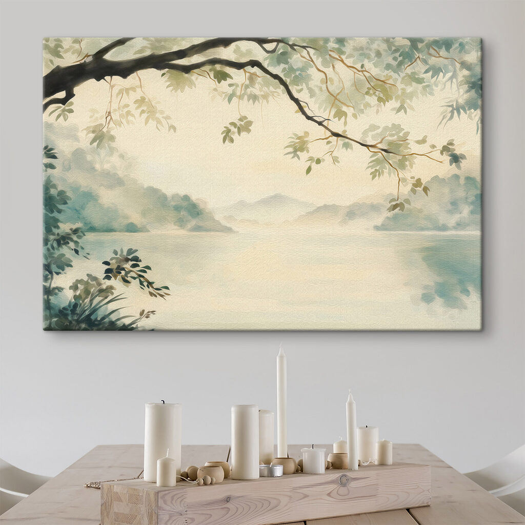 Watercolor painting of a lake and trees Watercolor painting of a lake and trees