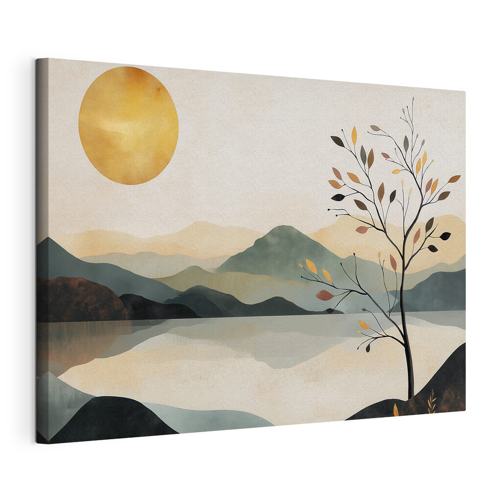 Tree and a lake with mountains and sun