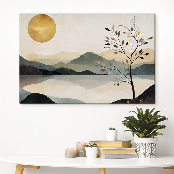 Tree and a lake with mountains and sun