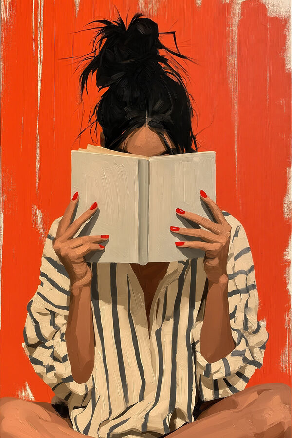 Woman holding a book over her face