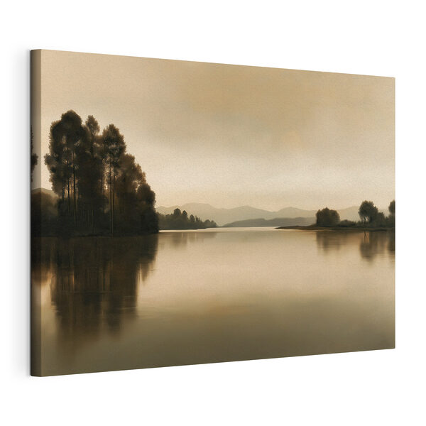Lake with trees and mountains in the background