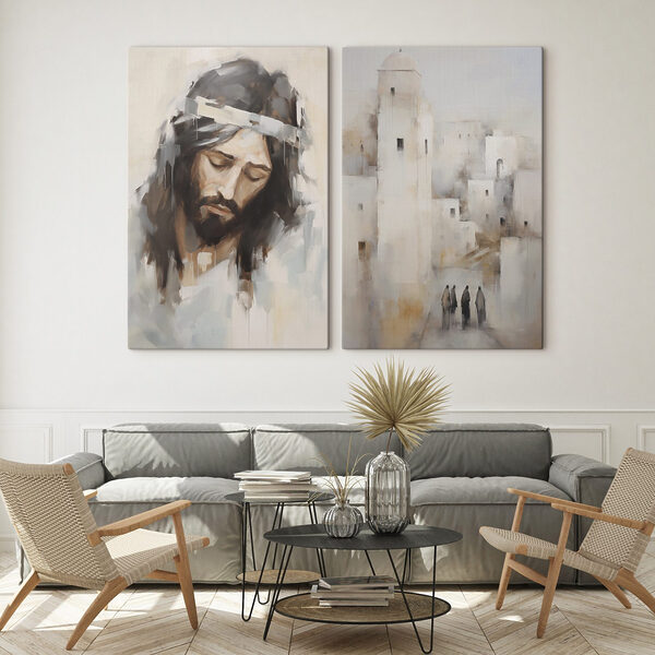 Painting of a man with a crown of hair and a city