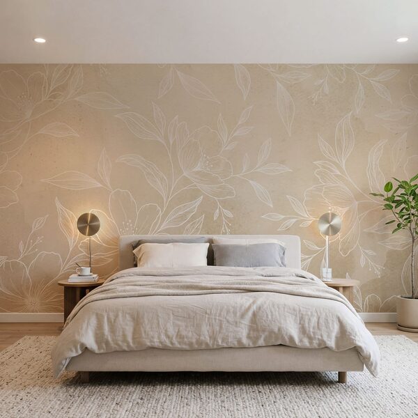 Weiße Blüten und Blätter auf beigem Hintergrund Weiße Blüten und Blätter auf beigem Hintergrund
