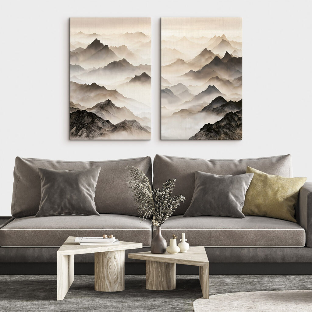 Collage of mountains with fog