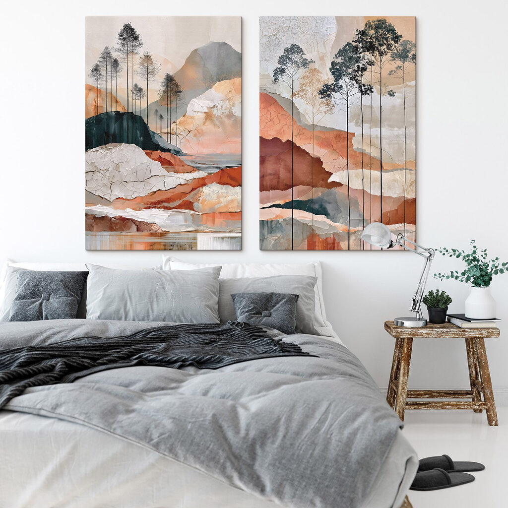 Painting of a landscape with trees and water